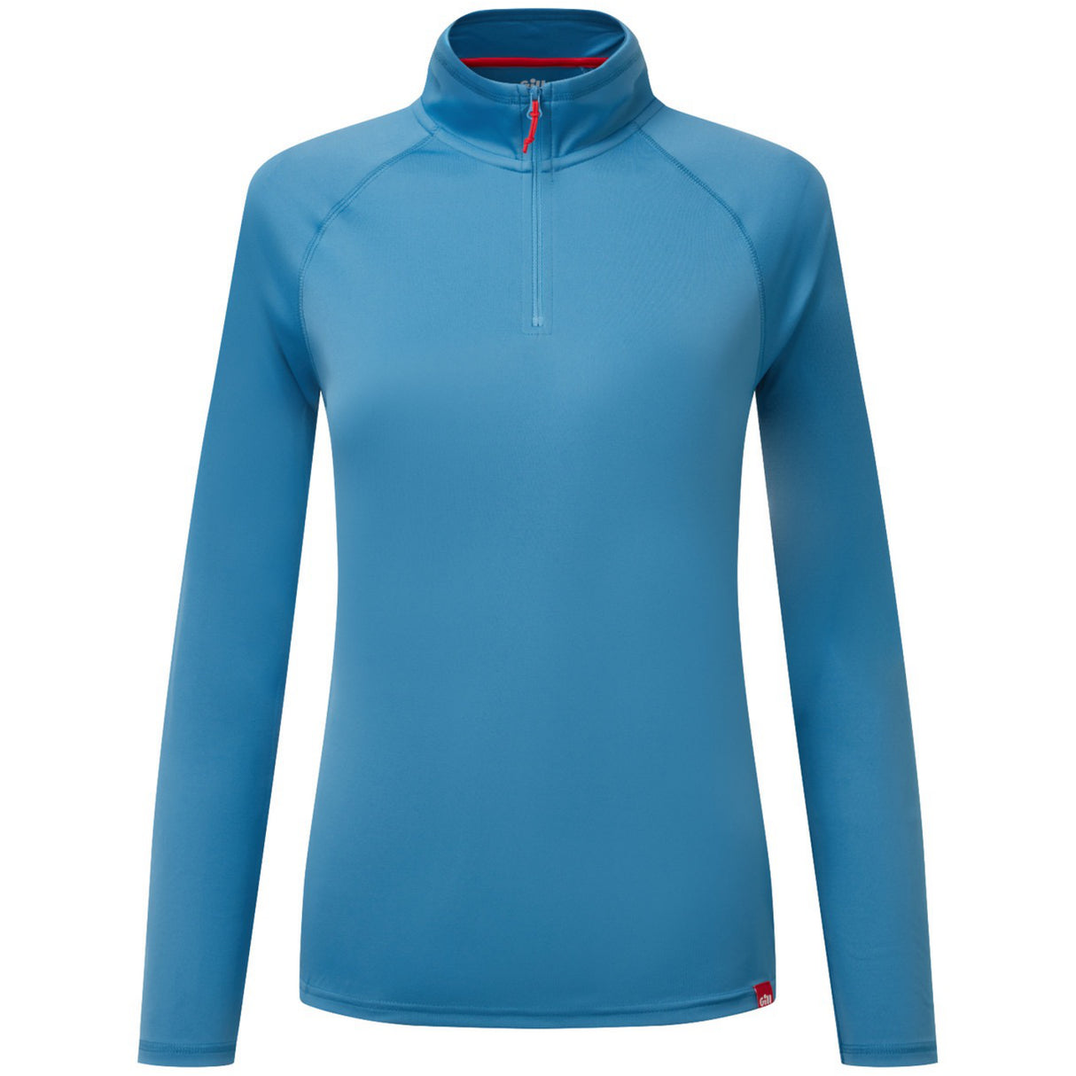 Blue long-sleeve shirt with a quarter zip on a white background