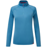 Blue long-sleeve shirt with a quarter zip on a white background