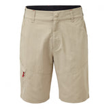 Beige shorts with a red tag on a white background
