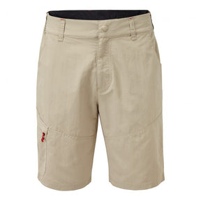 Beige shorts with a red tag on a white background
