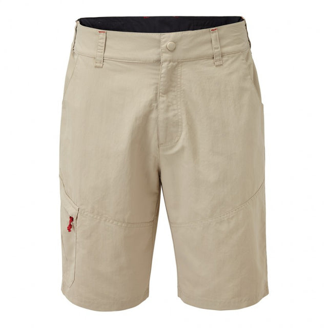 Beige shorts with a red tag on a white background