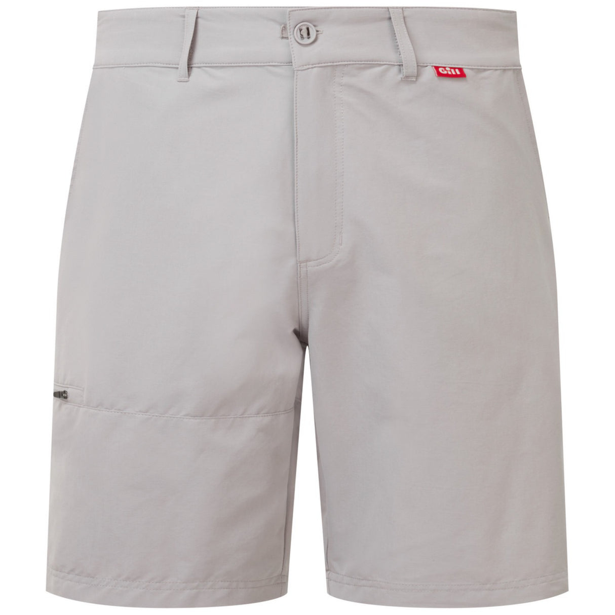 Light gray shorts with a red label on a white background