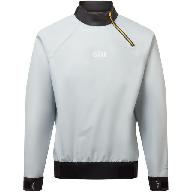 Light gray jacket with black accents and a visible brand logo on a white background