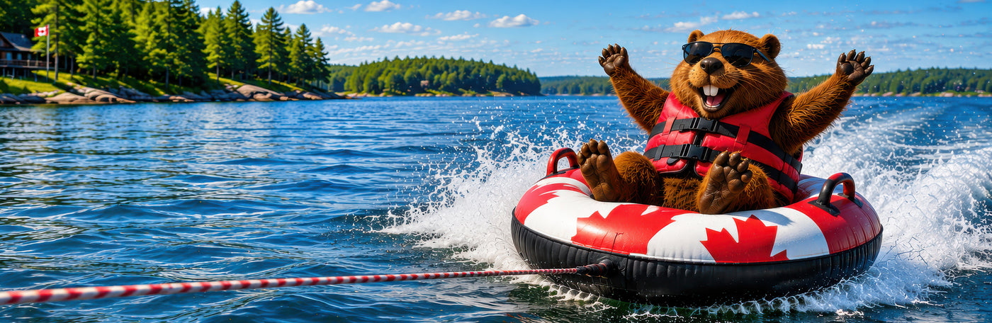 A beaver riding on an inner tube.