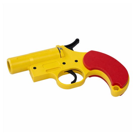 Yellow and red gun-shaped tool on a white background