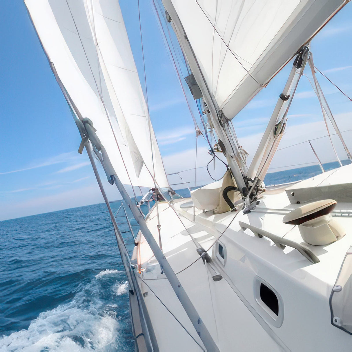 Sailboat on the water with a clear blue sky