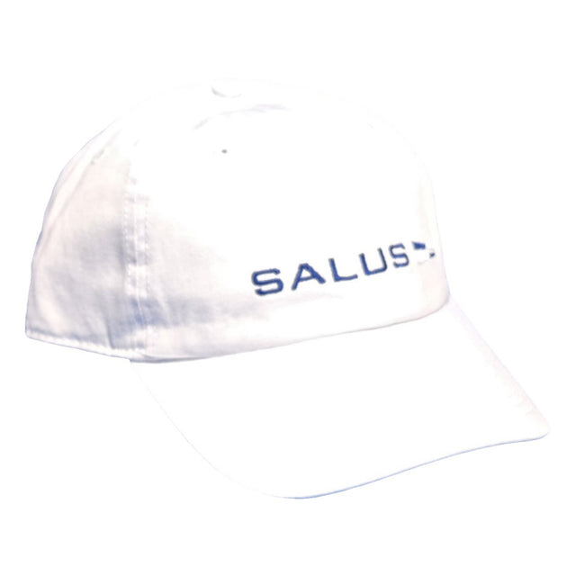 White cap with 'SALUS' logo on a white background