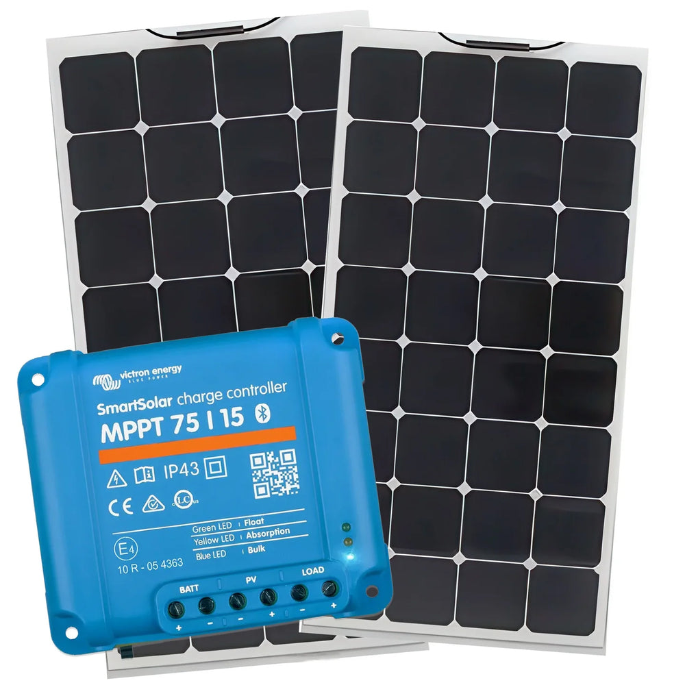 Two solar panels and a blue charge controller on a white background