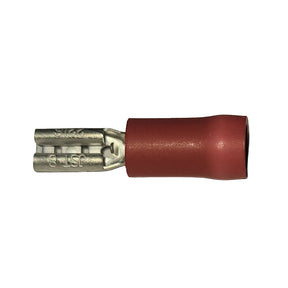 Metal electrical connector with red insulation on a white background