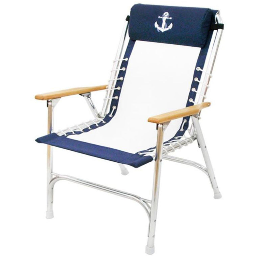 White & blue padded deck chair.