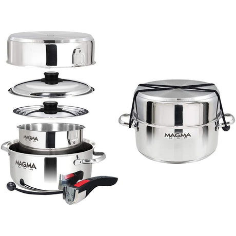 Open And Closed Of Magma 7pc Stainless Steel Induction Pot Set.