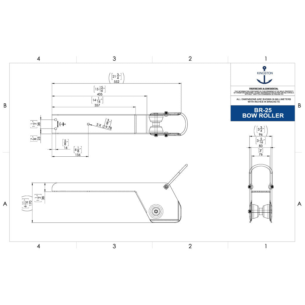 Tech Drawing Of 6-1/4",21-3/4"L X 3-1/4"W Overhang Bow Roller.