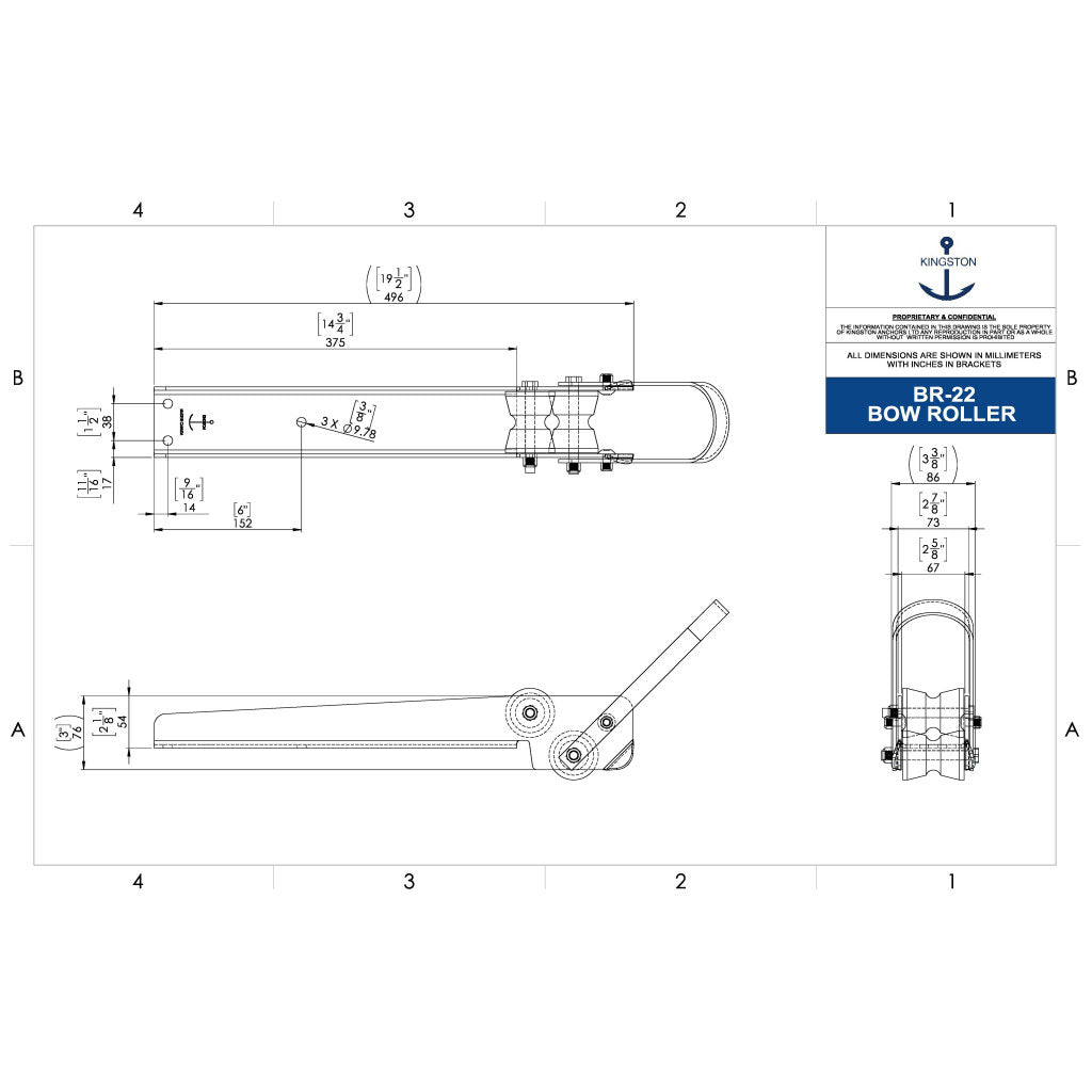 Tech Drawing Of Kingston 19.5"X 3" Polished Delta Bow Roller.