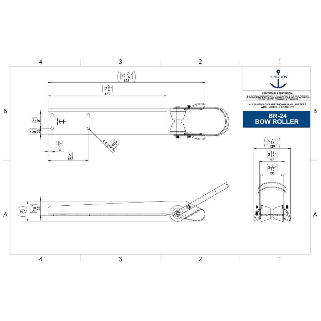 Tech Drawing Of Kingston 23-1/2"L X 3-7/8"W Universal Bow Roller.