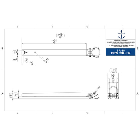 Tech Drawing Of Kingston 35"L 3-1/4"W Universal Polish Bow Roller.