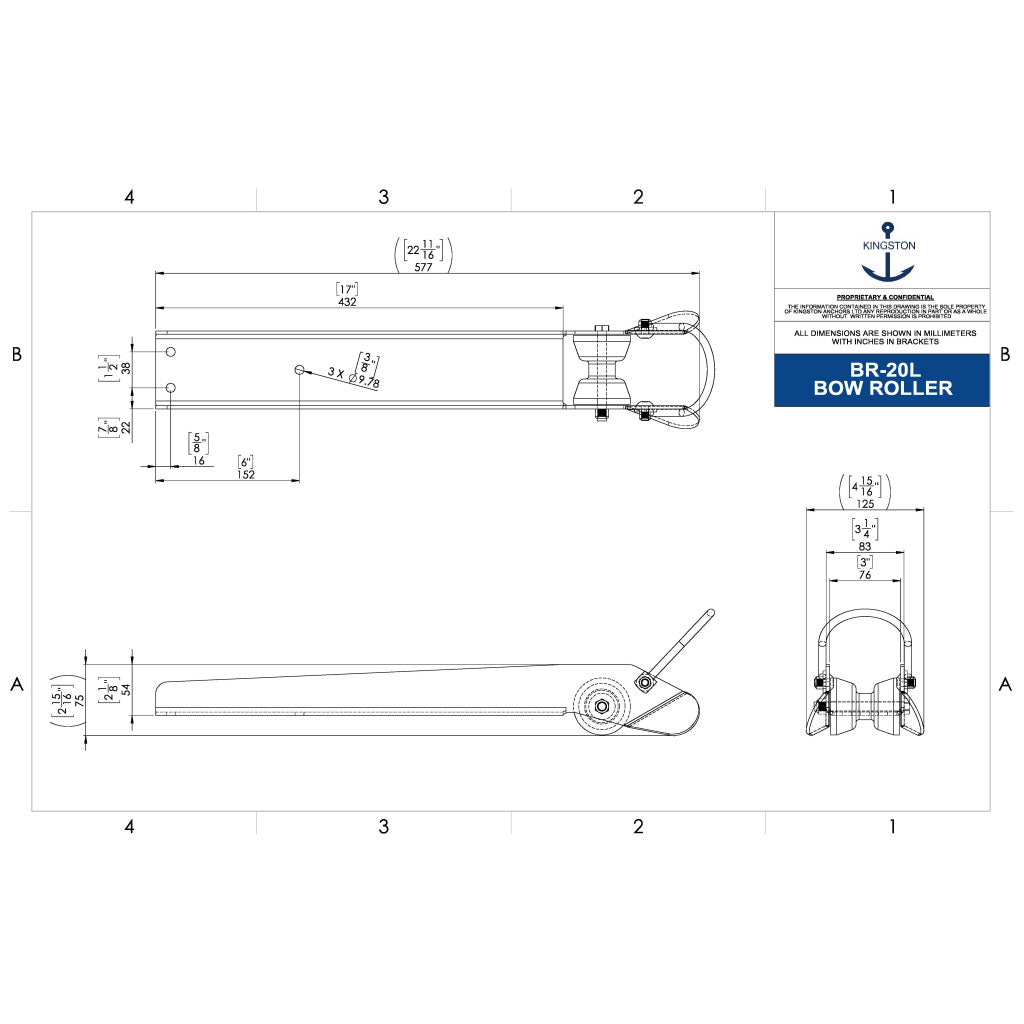 Tech Drawing Of Kingston Br-20l Mirror Finish Bow Roller.
