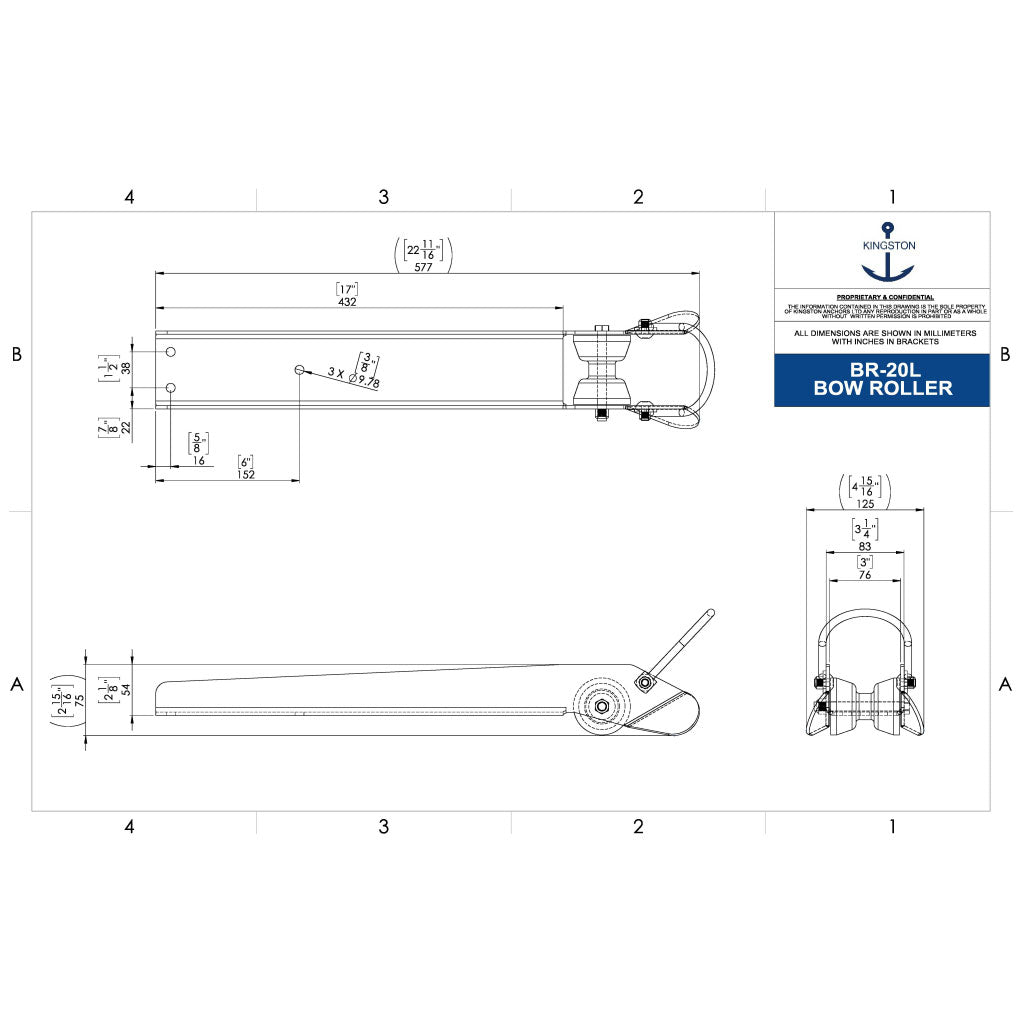 Tech Drawing Of Kingston Br-20l Polish Finish Bow Roller.