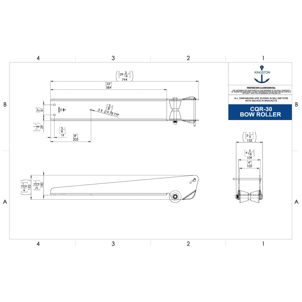 Tech Drawing Of Kingston Cqr-30 Polish Finish Bow Roller.
