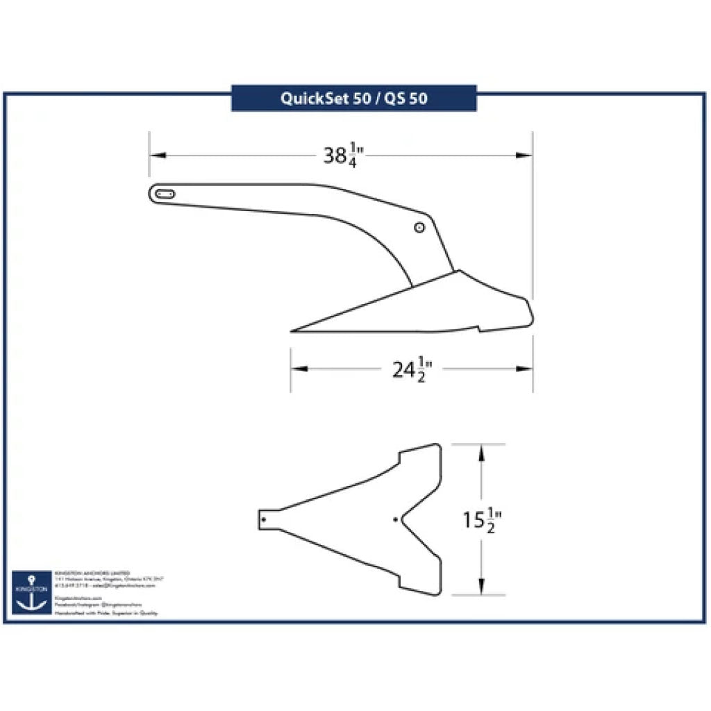 Tech Drawing Of Kingston Quickset 50lb Mirror Finish Plow Anchor.