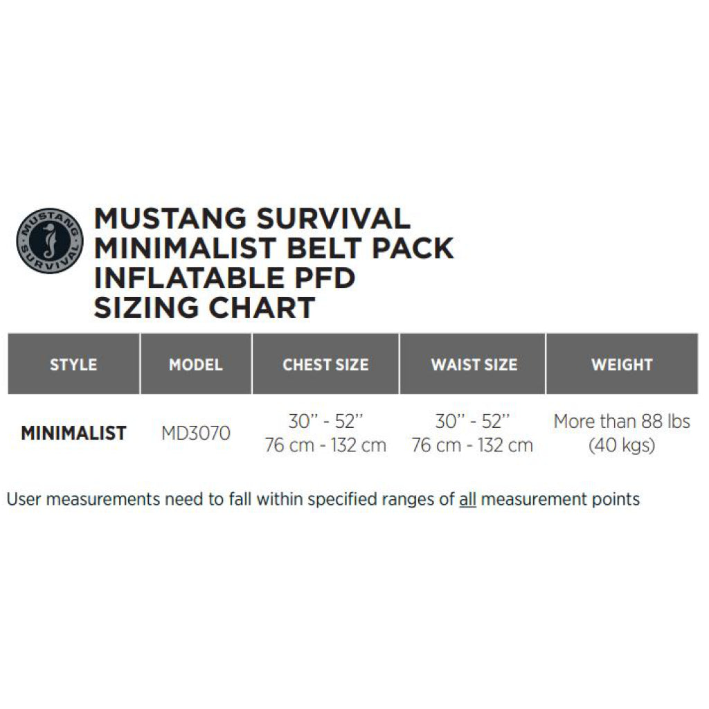 Size Chart Of Minimalist Manual Inflatable Belt Pack.