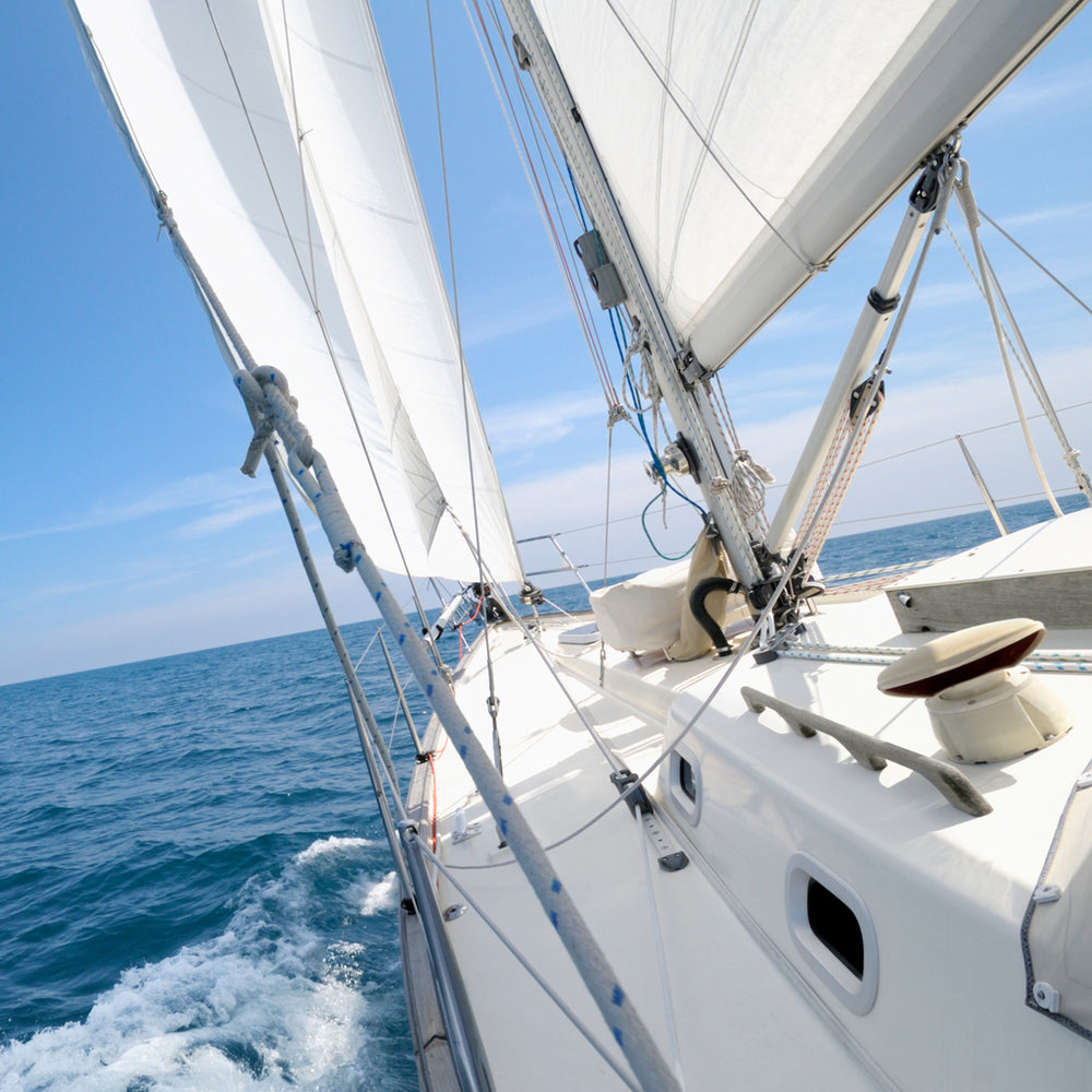Bow of sailboat with rigging.